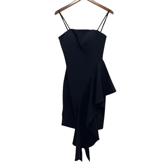 Milly Asymmetrical Ruffle Spaghetti Strap Black Dress Stretch Cocktail Size 0 - Picture 3 of 12